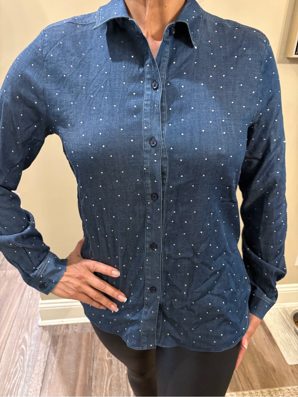 Lysse NWT Dark Indigo Denim-Style Top with mini rhinestones like polka dots